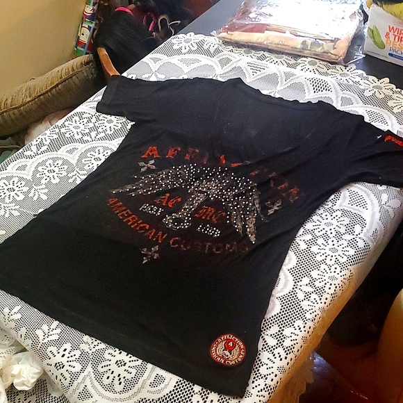 Affliction, Black and Orange Burnout V-Neck Short Sleeve T-Shirt, Size L… - Picture 2 of 8